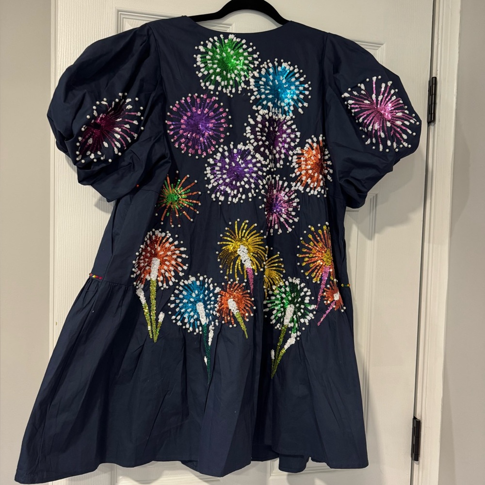 QUEEN OF SPARKLES Navy Mini Dress with Multicolor Firework Embroidery
